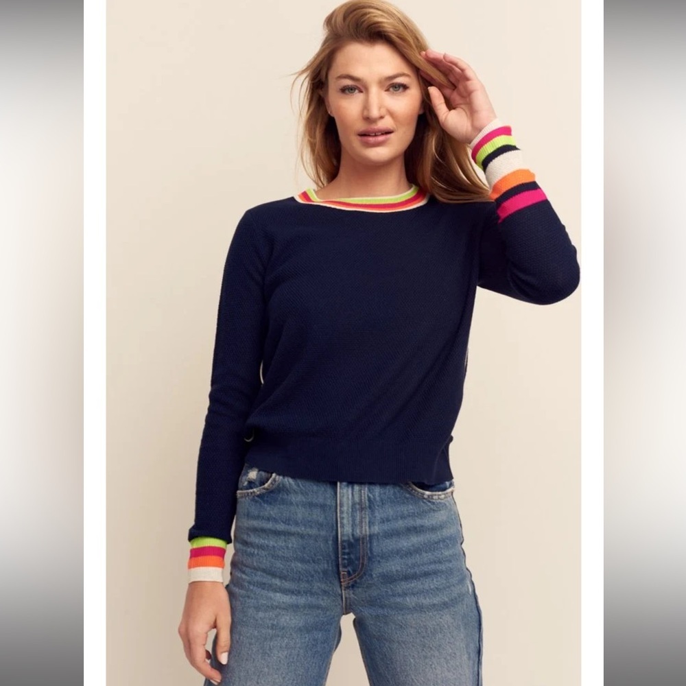 Lisa Todd "Handful" Navy Textured Sweater Multi-Stripe Trim